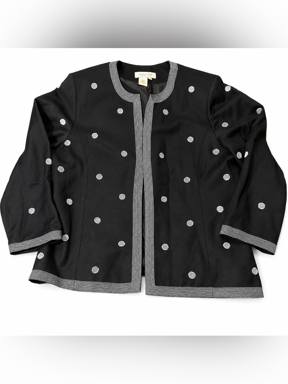 Coldwater Creek Black Polka Dot Open Front Blazer Jacket Women’s size 14